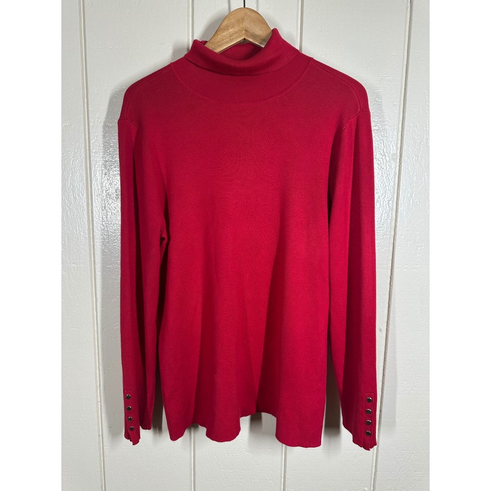 Chico's Sweater Womens L Red Turtleneck Long Sleeve Button Cuff Ribbed Knit 7699